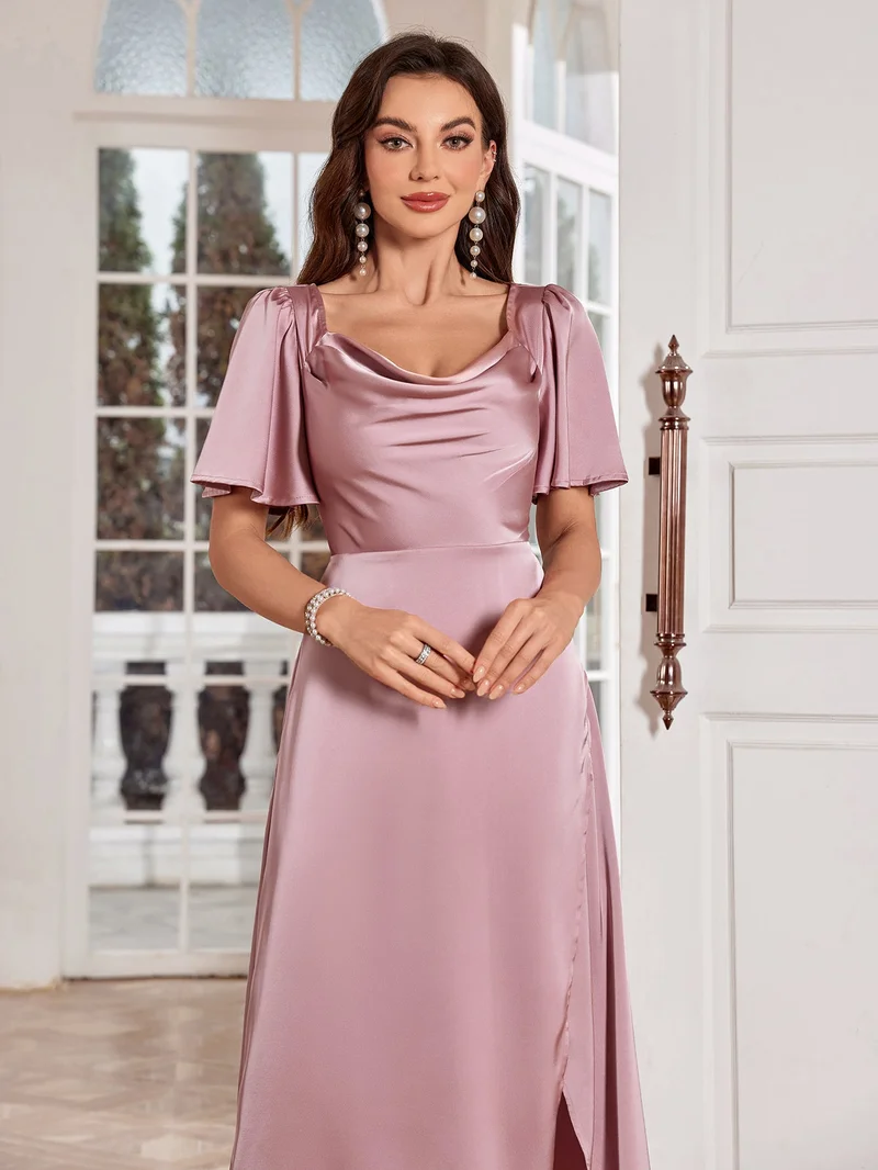 Outzidr  Pink Cowl Neck Slit Dress for Women | Best Price UAE